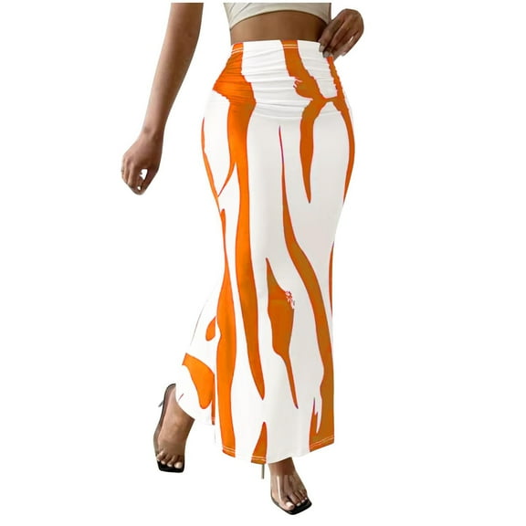 Womens Fashion Bodycon Skirts Ruched High Waist Fishtail Long Maxi Skirts Casual Club Going Out Y2k Outfits Orange, S