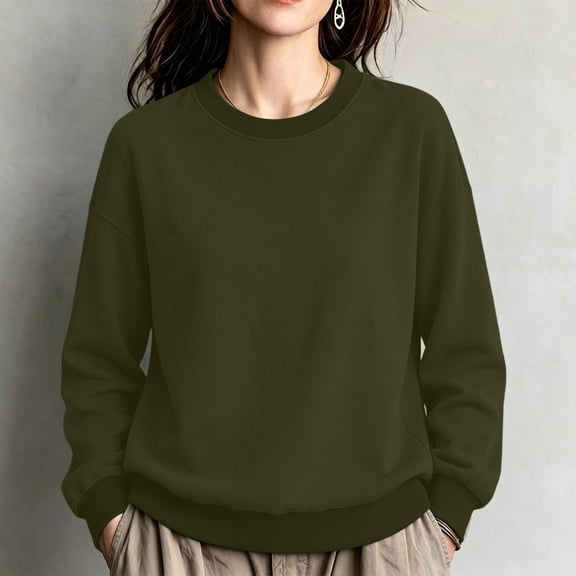 ClodeEU Women's Crew Neck Long Sleeve Sweatshirt,Casual Loose Fit Pullover Top Army Green,Women's Plus L