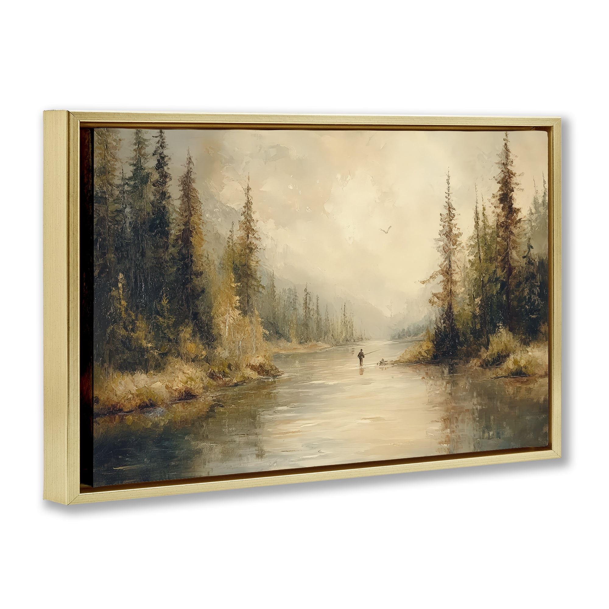 Stupell Industries Fly Fisher at Misty River Gold Framed Floater Canvas Wall Art, design by Petal Prints Design