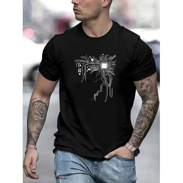 Camiseta informal de cuello redondo para hombre con estampado geométrico: algodón ligero y cómodo para verano, manga corta, esencial para el tiempo libre.
