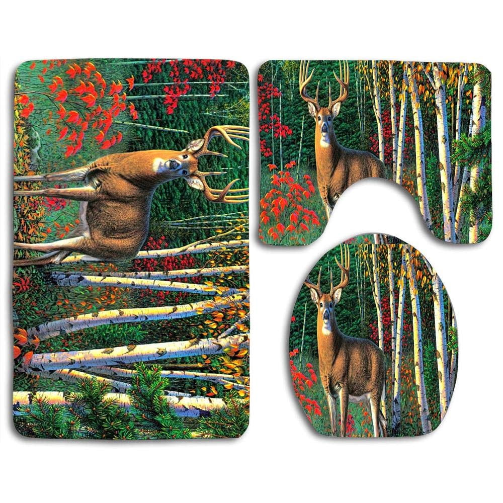 GOHAO Wildlife Deer 3 Piece Bathroom Rugs Set Bath Rug Contour Mat and