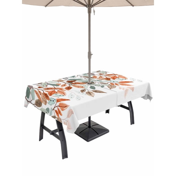 Outdoor Tablecloth with Umbrella Hole for Patio/Picnic/Party/Camping, Vintage Leaves Waterproof Table Cloth Rectangle Table Cover Washable, Summer Botanical Pastoral Watercolor (60"x 102")