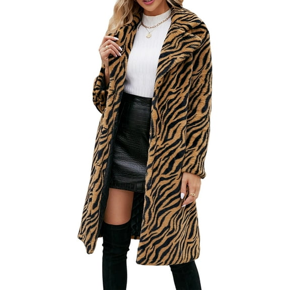 Women Animal Print Fleece Coat Winter Fashion Fuzzy Jacket Faux Fur Cardigan Overcoat Brown S