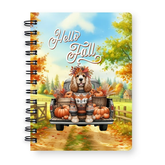 Hello Fall Autumn Cocker Spaniel Pumpkins Pickup Truck Spiral Bound Journal Cockers Dog Lover Gifts 5x7in Spiral Notebook - 13011