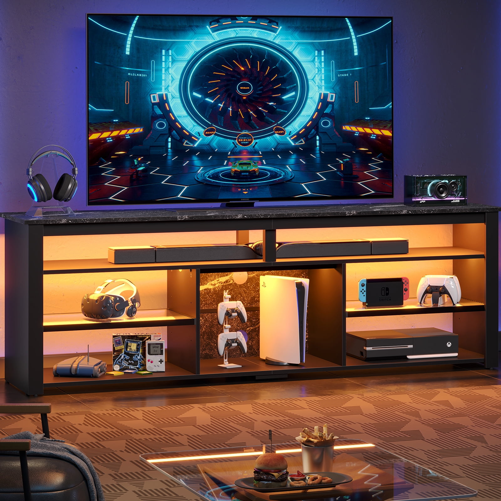Bestier LED TV Stand for 75" TVs,Gaming Entertainment Center for PS5,Modern TV Stand for Living Room,Tall TV Stand with Storage Shelves, Black Marble