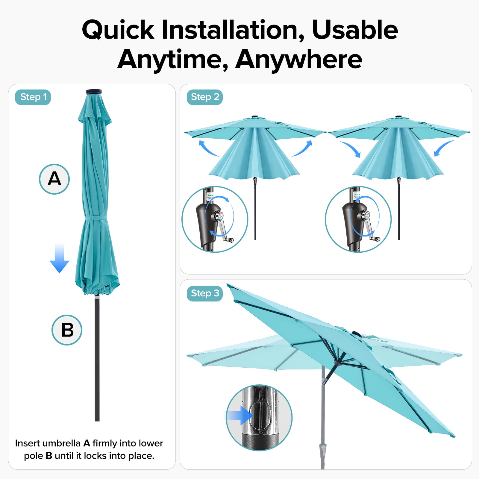 SHOUFTW 10FT Patio Umbrella with Solar LED Lights, Push Button Tilt, 8-Rib Outdoor Market Umbrella for Patio Garden, Backyard, Deck, Poolside, Blue