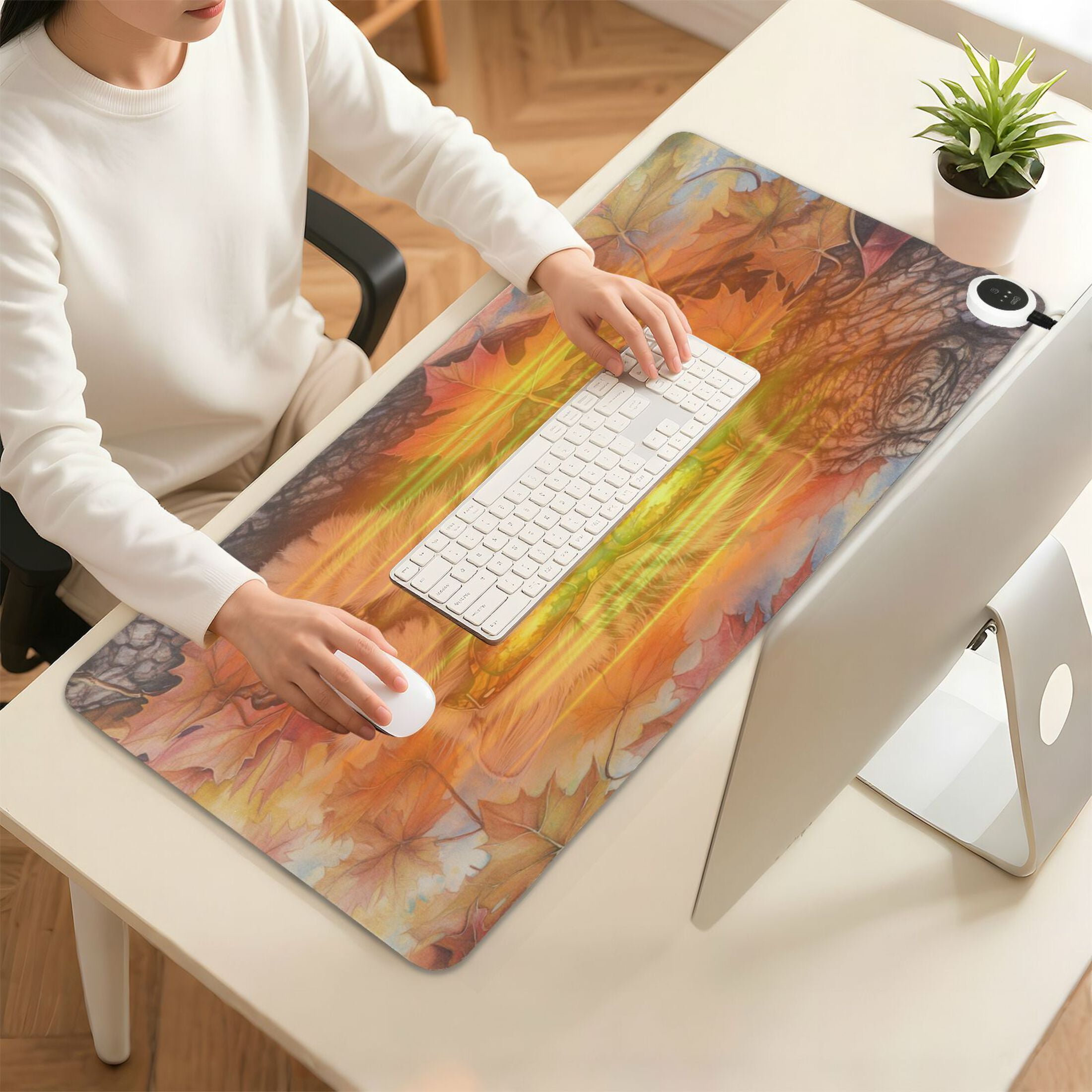 Wobogo Maple Leaf Cat Heated Mouse Pad Extra-Large Desk Mat With 3 Heating Levels and 3-hour Auto Shut-Off Protection Ideal for Computer Keyboards Home Office Hand-warming Essential 31.5in × 13in