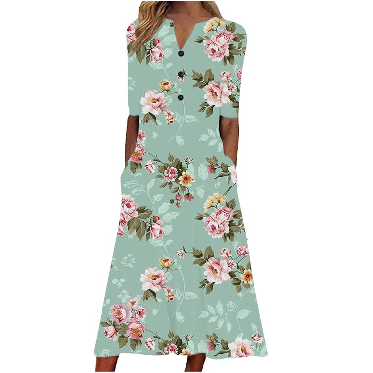 Xdegoge Women's Summer Maxi Dresses 2025 Casual Short Sleeve V Neck Long  Dress Boho Floral Printed Button Down Sundress Flowy Beach Vacation Ladies  Dress Online History At - Walmart.com