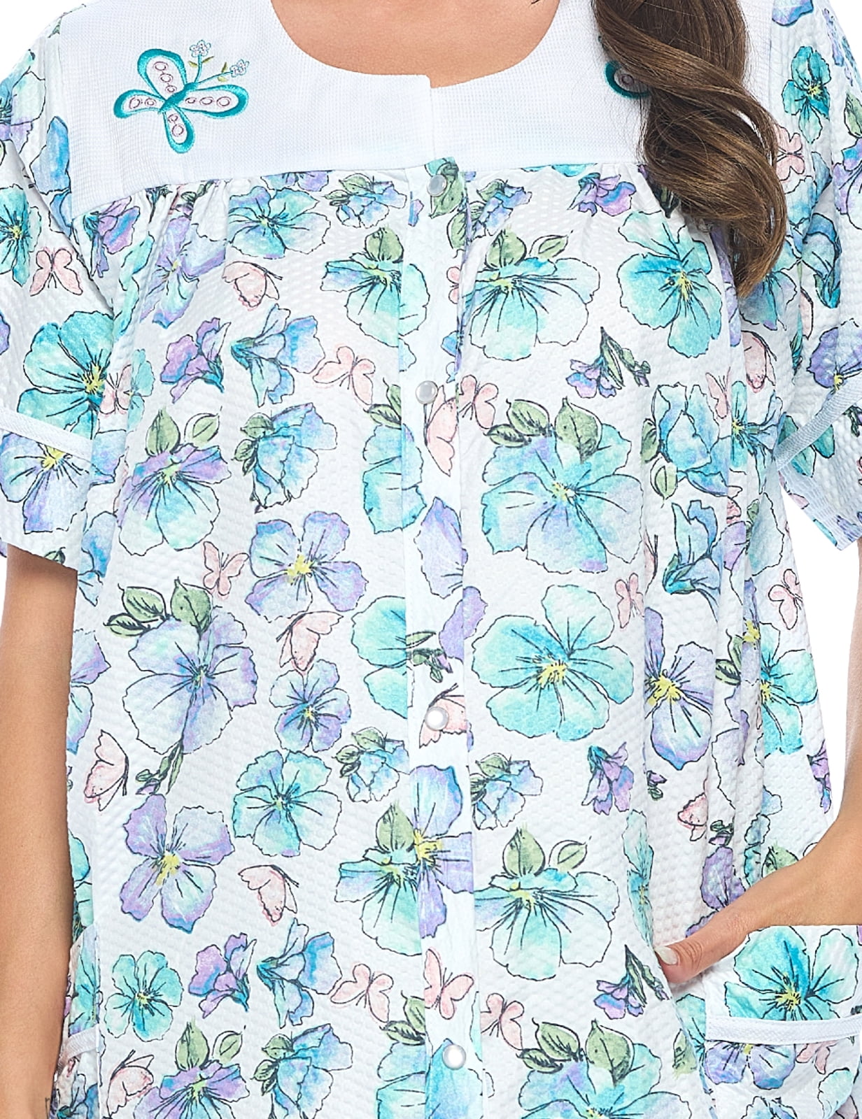 Women's Snap - Front House Dress Short Sleeve Woven Housecoat Duster Lounger Robe with Pockets
