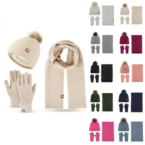 UTSJKR Winter Scarf Hat Glove Set Rhombus Knitted Beanie Hat with Pom Pom Long Scarf Touch Screen Gloves Warm Soft Wool Black