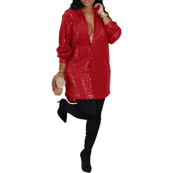DondPO Sequin Dress for Women Plus Size Dresses Women's Spring/Winter Solid Color Sequined Loose Shirt Dress Midi Dresses Summer Dresses Red Dress XL