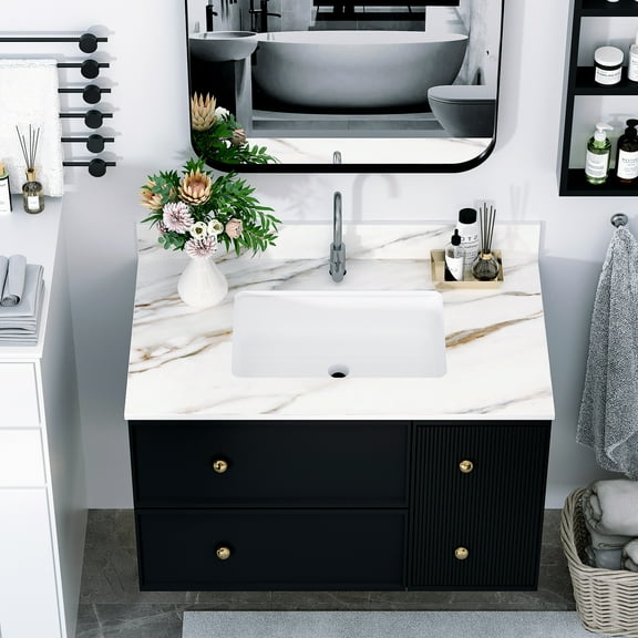 37 Inch Bathroom Vanity Top - White Marble, 4" Backsplash, Pre-drilled Hole, & , Fits 42" X 21" Cabinets, Sintered Stone Design
