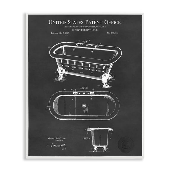 Stupell Industries Rustic Lodge Bathroom Tub Patent Diagram White Framed Giclee Art, 16 x 20, by Karl Hronek