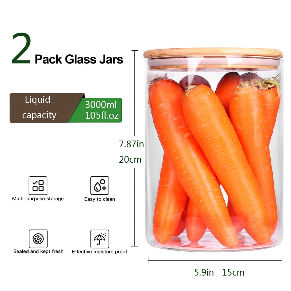 Set of 2 Large Glass Food Storage jar, 100 FL OZ (3000ml) Glass Flour Canister with Airtight Bamboo Lids for Kitchen Corner, BPA-Free Rice Container