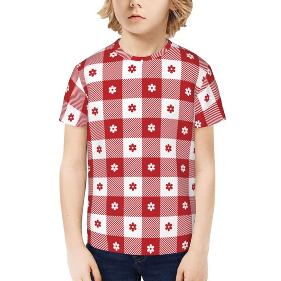 Honeii Red Plaid Daisy Print Kids Boy T-Shirt,Breathable Round Neck Tee,Stylish Summer Tee for Boys, for Outdoor Activities and Casual Wear