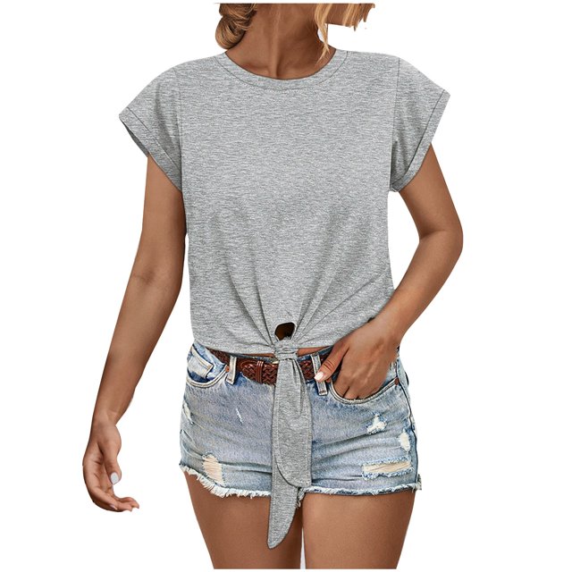Kovlvoll Hauts pour Femmes Été Col Rond Manches Courtes Chemise Couleur Unie Ample Blouses Décontractées