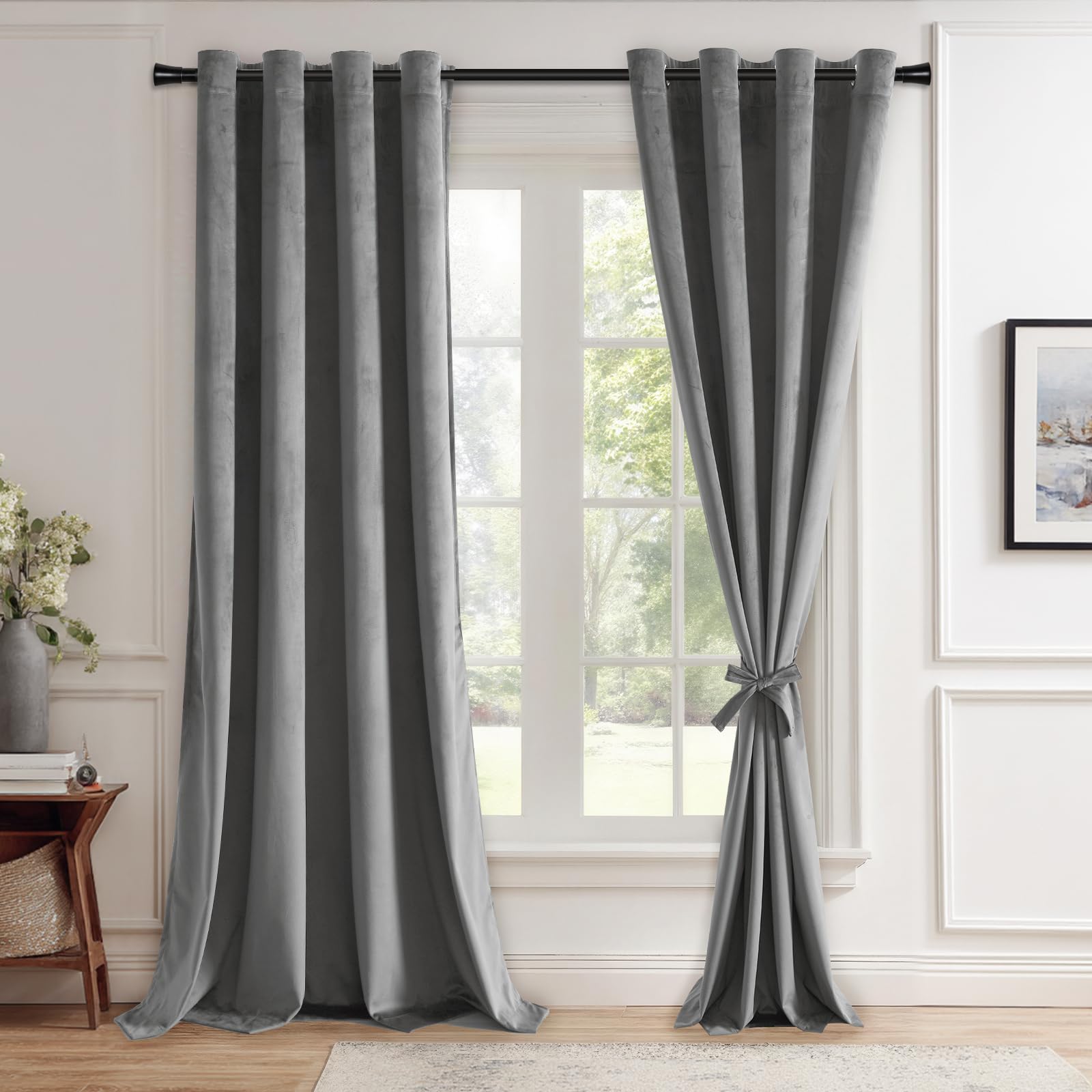 JIUZHEN Grey Velvet Curtains 96 inches for Living Room - Thermal Insulated Room Darkening Grommet Thick Velvet Window Drapes for Bedroom/Dining, Set of 2 with Tiebacks, W52 x L96