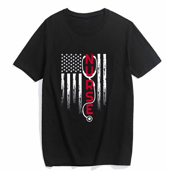 Women's Graphic T-shirt Patriotic Nurse With Flag Stethoscope For RN Short Sleeve O-neck Top Black Medium