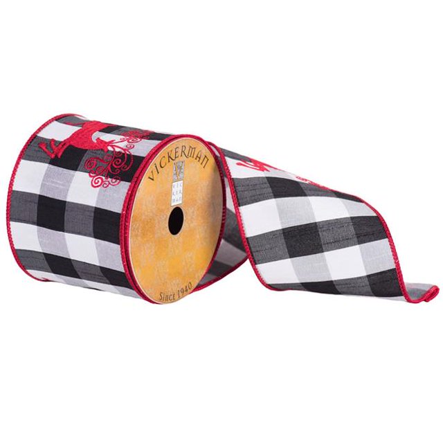 Vickerman Q172168 4 in. x 10 Yard Red Embroidery Swirl Reindeer Plaid Edge Ribbon