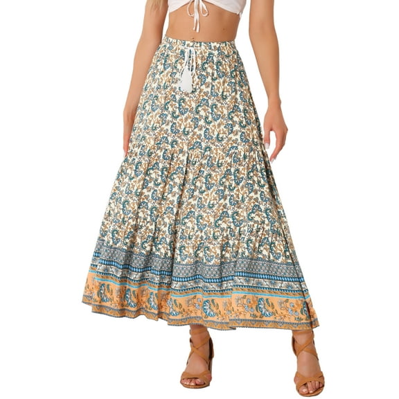 DARING DIVA Women's Bohemian Tassels Elastic Waist Floral Maxi Skirt XL Beige