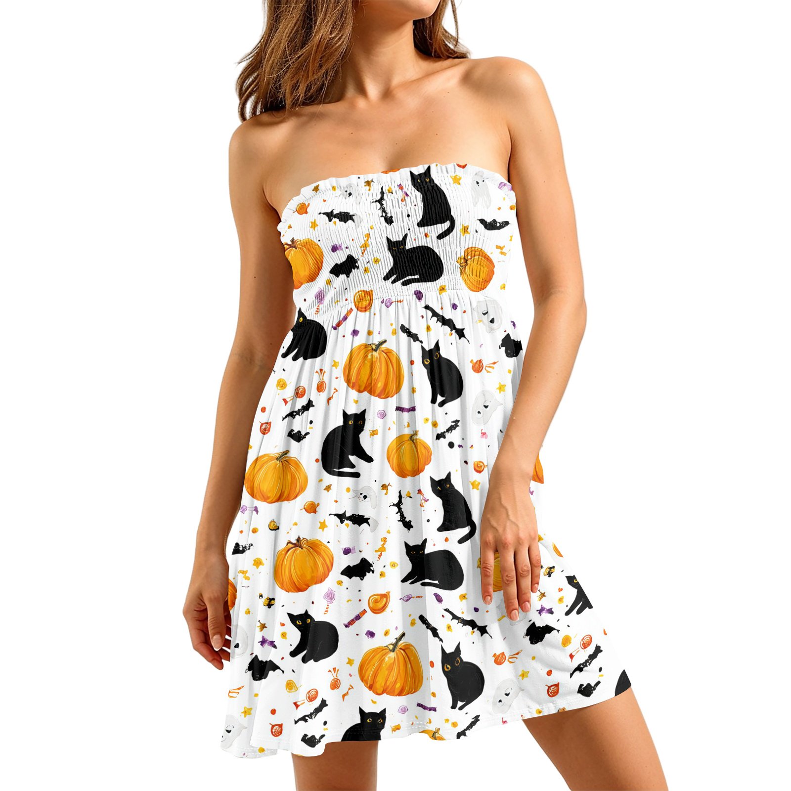 JULMCOMO Halloween Dresses for Women Cat Ghost Pumpkin Print Off Shoulder Party Swing Sundresses Cute Print Holiday Casual A Line Mini Dress Khaki 2XL