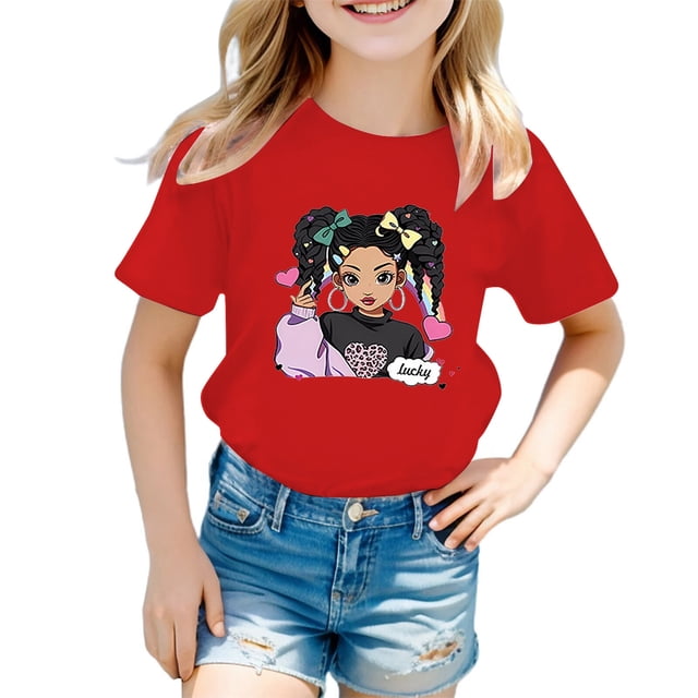 PMVFHDE Hauts à Manches Courtes pour Fille Hauts Mignons pour Fille Hauts d'Été Tendance pour Filles Robe T-Shirt Tendance pour Filles T-Shirt Graphique Mignon à Col Rond Manches Courtes T-Shirt Décontracté d'Été Rouge, 7-8 Ans
