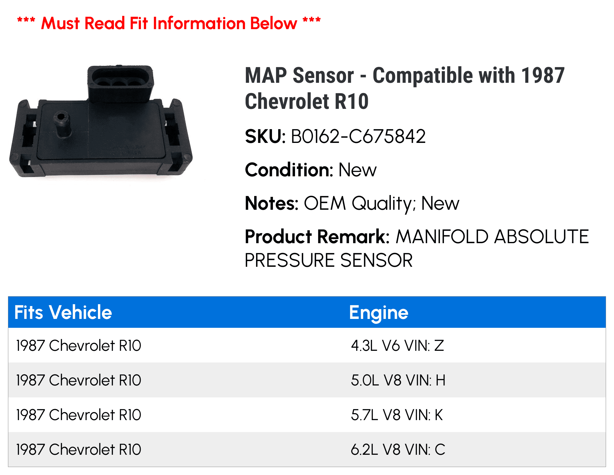 MAP Sensor - Compatible with 1987 Chevy R10