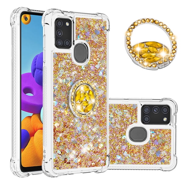 Funda para Samsung Galaxy A21S con Brillo Líquido Flotante, Purpurina, Parachoques y Anillo Giratorio Soporte
