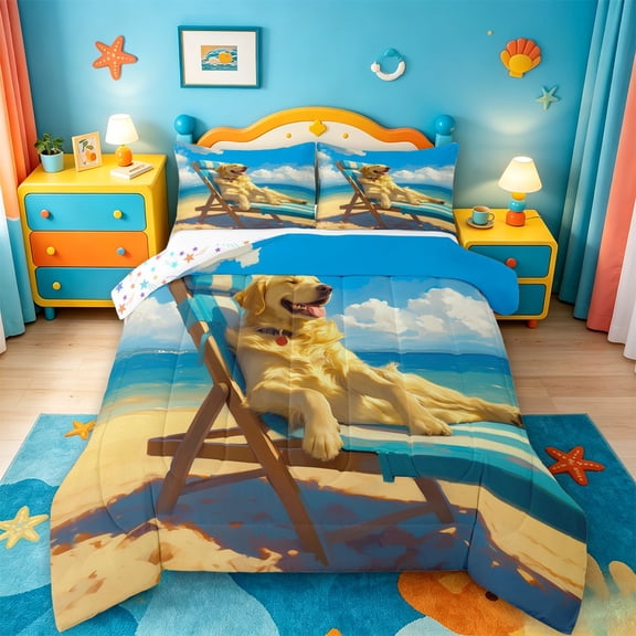 jejeloiu Relaxed Golden Retriever Full Size Comforter Sets,Beach Chair Scene Bedding Comforter Set For Boys,Blue Yellow,Colorful Stars Reversible,3pcs,1 Comforter and 2 Pillowcases