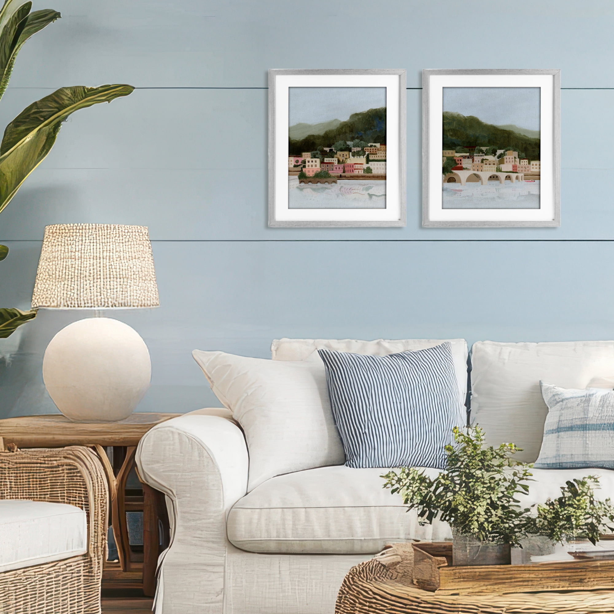 Stupell Industries Mountain Town by Sea 2 Piece Gray Framed Print Under Glass Set, design by Grace Popp