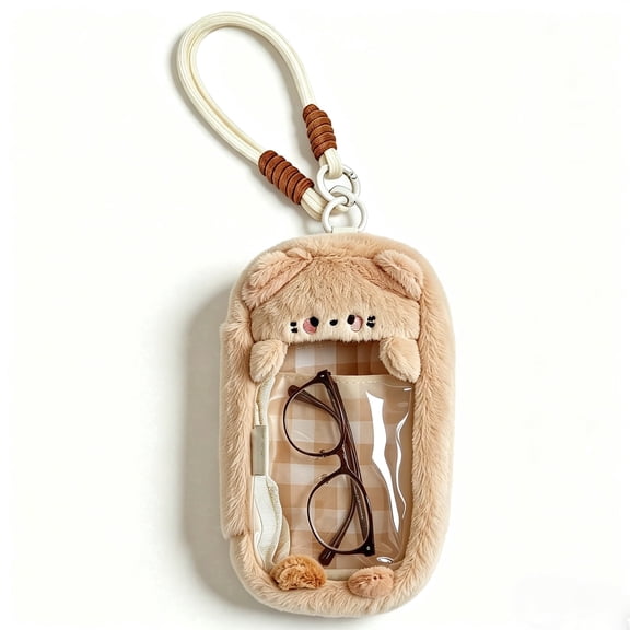 Plush Bear Glasses Case with Transparent Window, Soft Fluffy Eyeglass Pouch with Wrist Strap, Portable Multifunctional Sunglasses Storage Bag, Cute Small Accessory Holder for Women, Gift for Daily