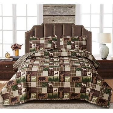 Green Essen Rustic Quilt Sets King Size Moose Bear Bedding Reversible Microfiber Bedspread Plaid Coverlet Cabin Decor