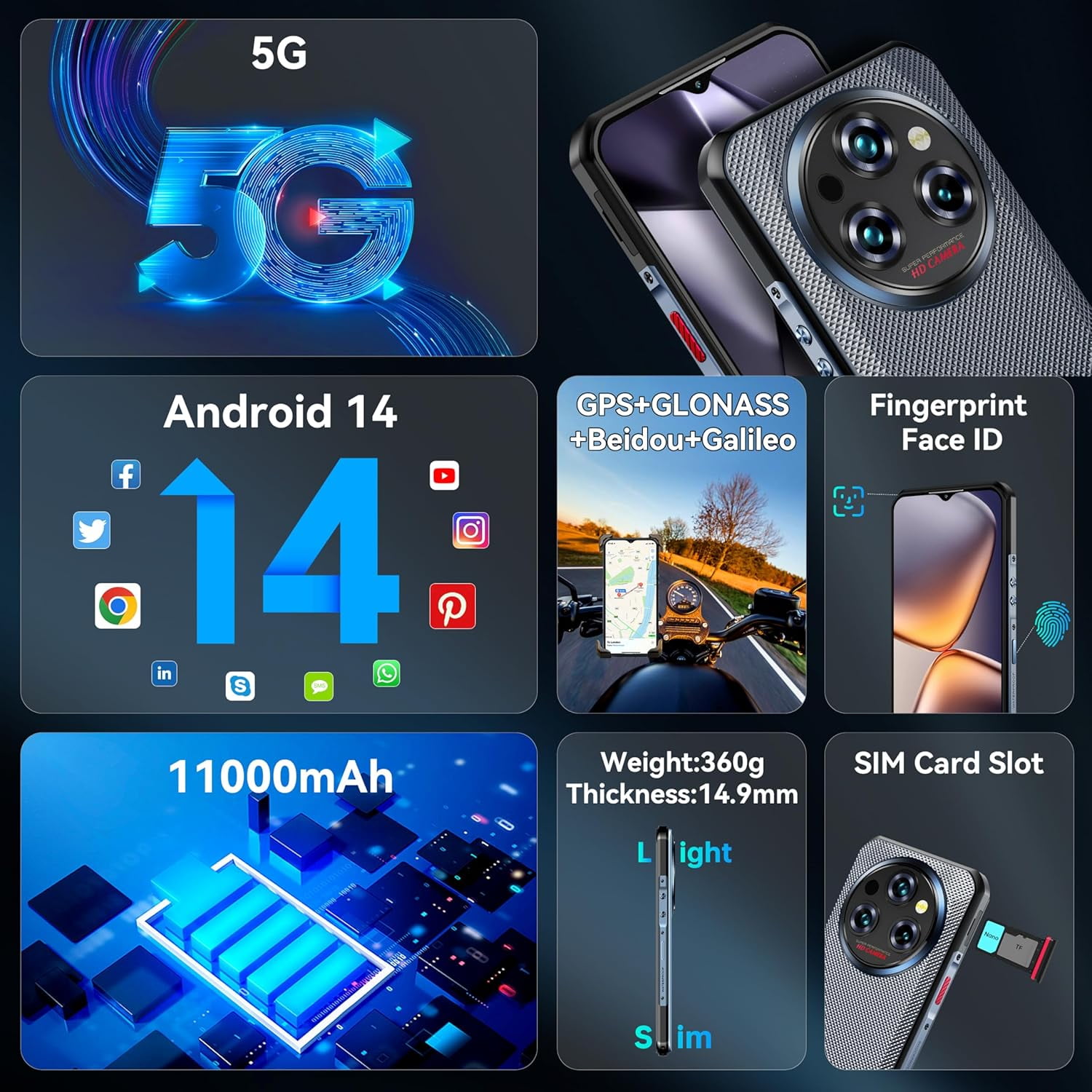OUKITEL WP35 Pro Rugged Smartphone 5G - 36GB+512GB Android 14 Rugged Phone, 11000mAh Large Battery, 6.6" FHD+ Corning Screen, Dual Sim Cell Phone, 64MP+32MP Camera, NFC/OTG/BT5.2/GPS