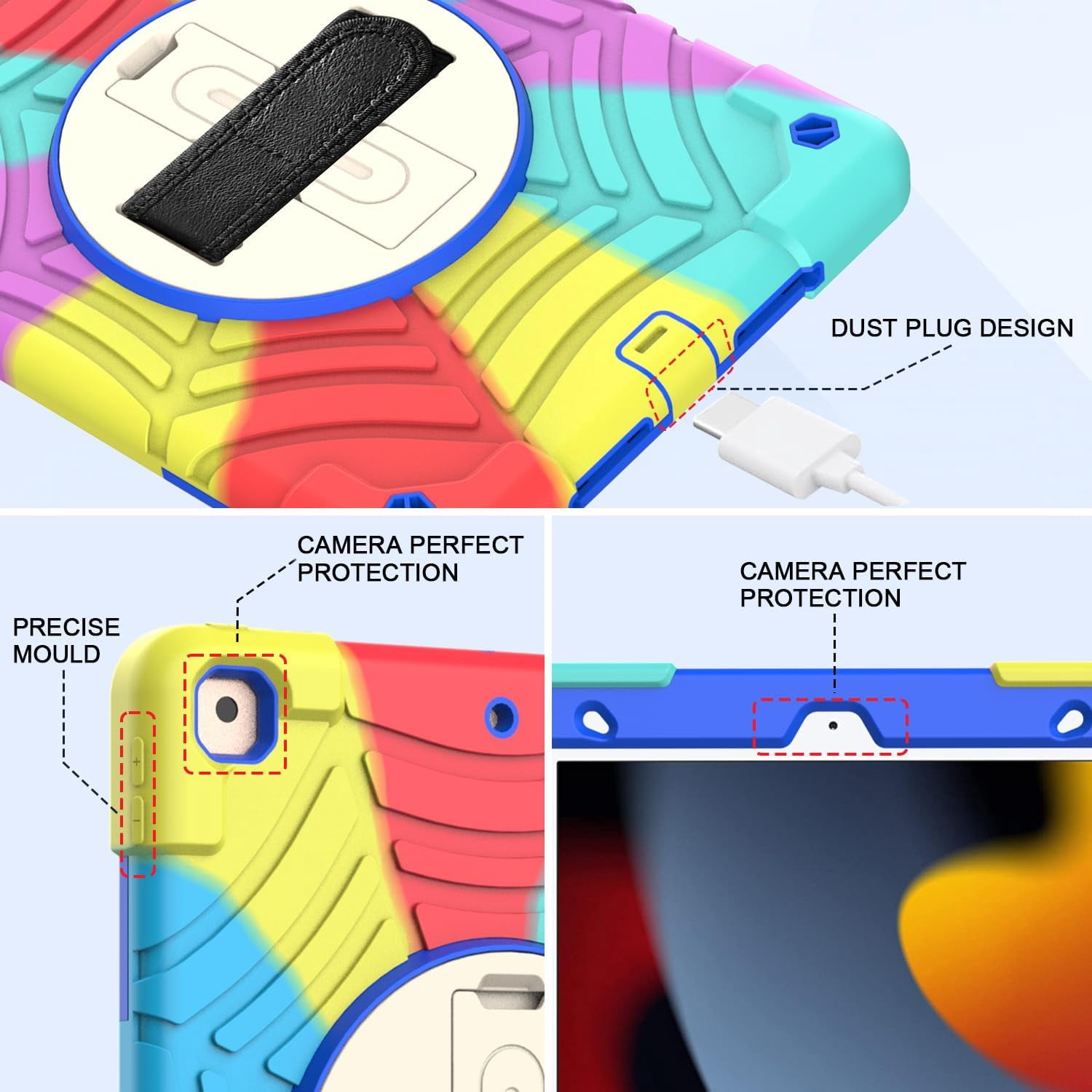 BMOUO iPad 9th Generation Case, iPad 8th/7th Generation Case, iPad 10.2 Case,Hybrid Shockproof [360 Rotating Stand] [Hand Strap] [Pencil Holder] Kids Case for iPad 10.2" 2021/2020/2019 - Colorful