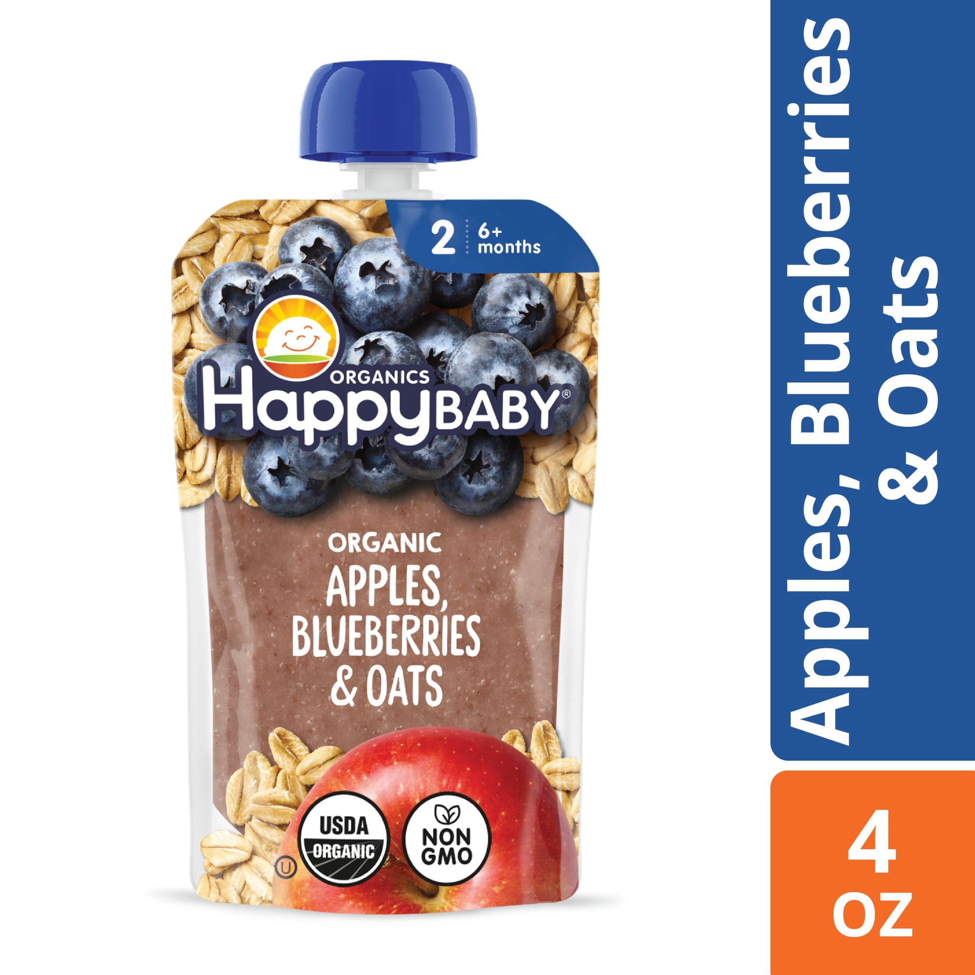 Happy Baby, Stage 2 Organic Baby Food, Apples Blueberries & Oats, 4 oz. Pouch