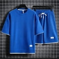 thumbnail image 5 of Hearthz Men's Short Sleeve Tracksuit Waffle Knit Men's Short Sleeve T-Shirt & Shorts Set Workout 2 Piece Fashion Summer Tracksuits Royal Blue XXXL, 5 of 5