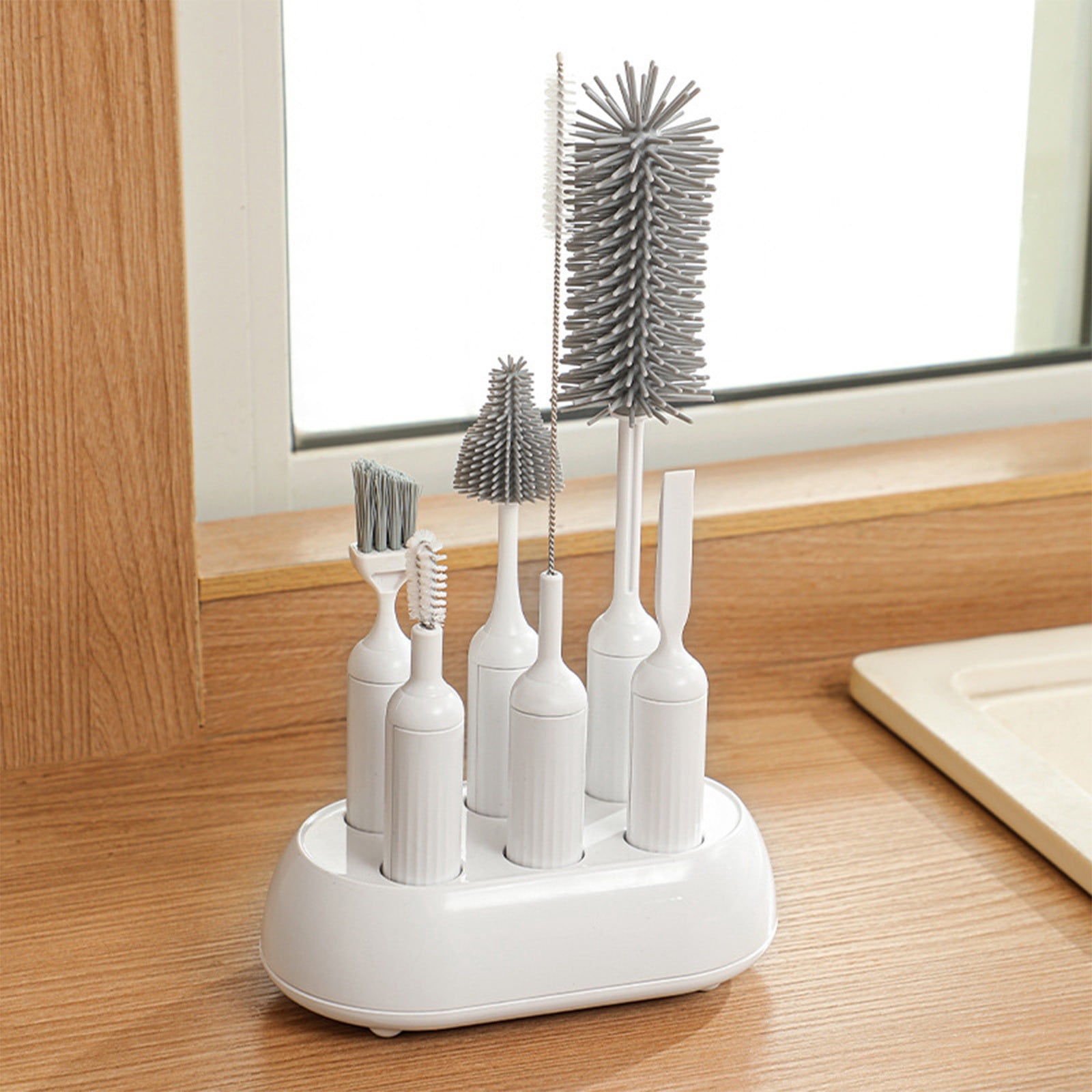 6 Piece Bottle Brush Cleaning Set, Assorted Sizes with Storage Rack, Silicone Material for Deep Clean, for Kitchen, Bathroom, Household Use