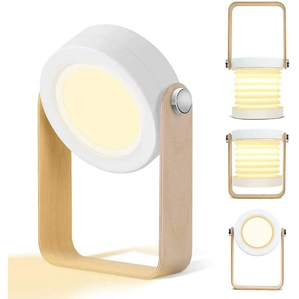 Lámpara de mesa LED recargable por USB, luz nocturna de 15 W, táctil, plegable 360°, portátil, con mango de madera, para acampar