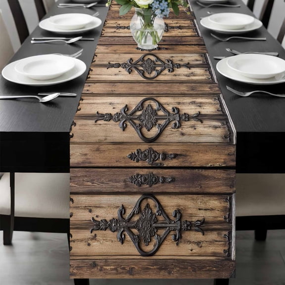 Wooden Plank Table Runner 48 Inches Long, Rustic Farmhouse Brown Black Barn Door Kitchen Coffee Dining Table Decoration for Home Party Birthday Wedding Home Decor 13x48 Inches
