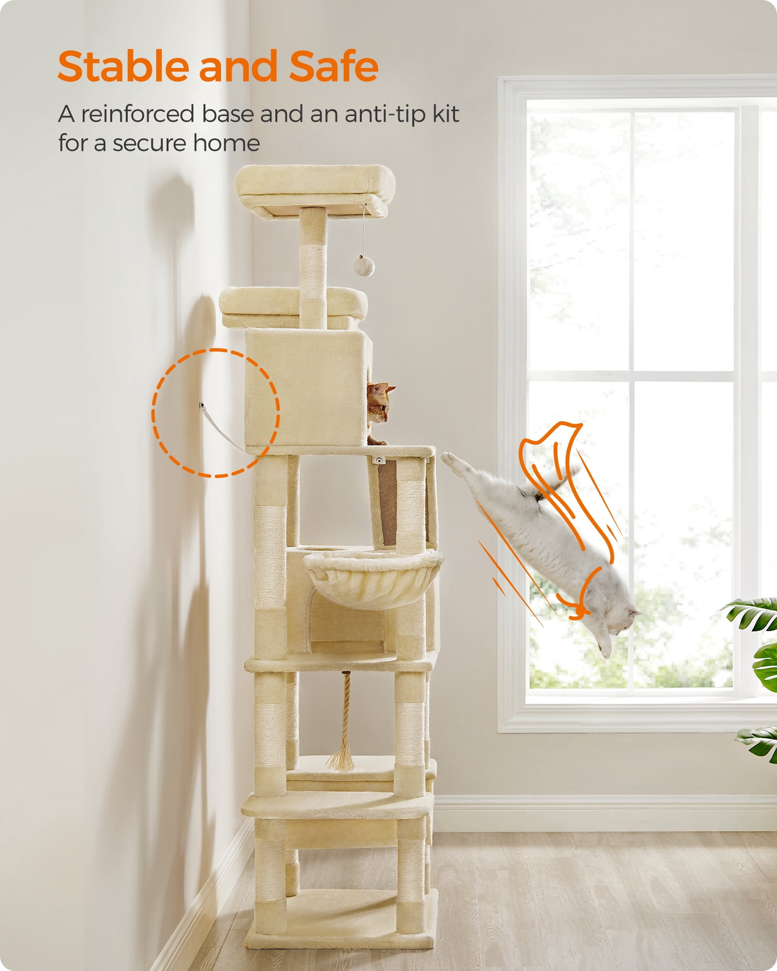 81.1"H Cat Tree Cat Tower for Indoor Cats, Plush Multi-Level Cat Condo with Scratching Posts, Perches, Caves, Hammock, Beige