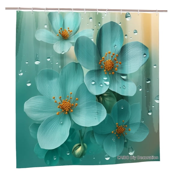 Joocen Polyester Shower Curtain With Teal Flowers And Water Droplets Design For Home Bathroom Bath Tub Decoration 72x72 inch