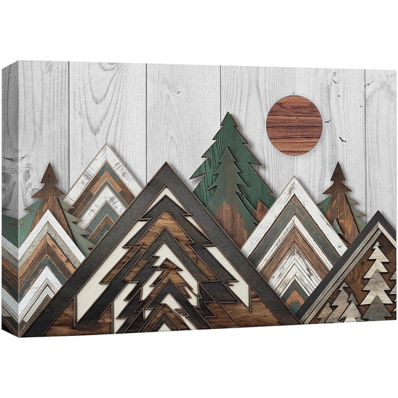PixonSign Canvas Print Wall Art Sunny Pine Tree Mountain Nature Wilderness Digital Art Wood Panel Landscape Farmhouse/Country Relax/Calm/Cozy Geometric Abstract - 16"x24"
