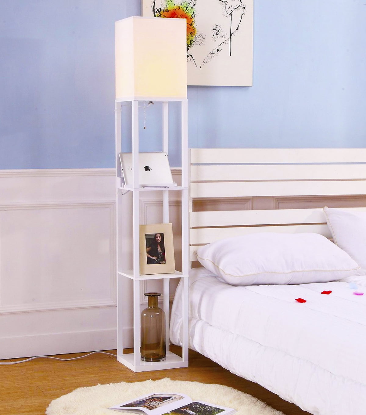 Brightech Maxwell Charger - Modern Shelf Floor Lamp with USB Charging Ports & Electric Outlet - Corner Display Floor Lamps with Shelves for Living Room, Bedroom and Office - White