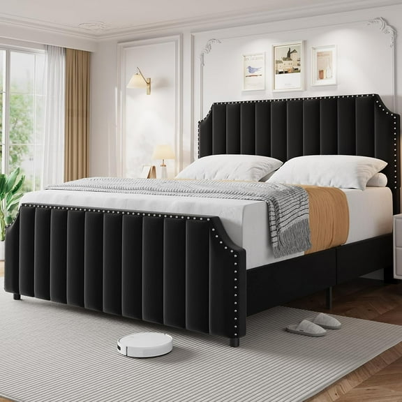 GarveeHome Queen Velvet Bed Frame, Upholstered Platform with 50.2" Tall Headboard & Footboard, Nailhead Trim, Solid Wooden Slats, No Box Spring Needed, Black