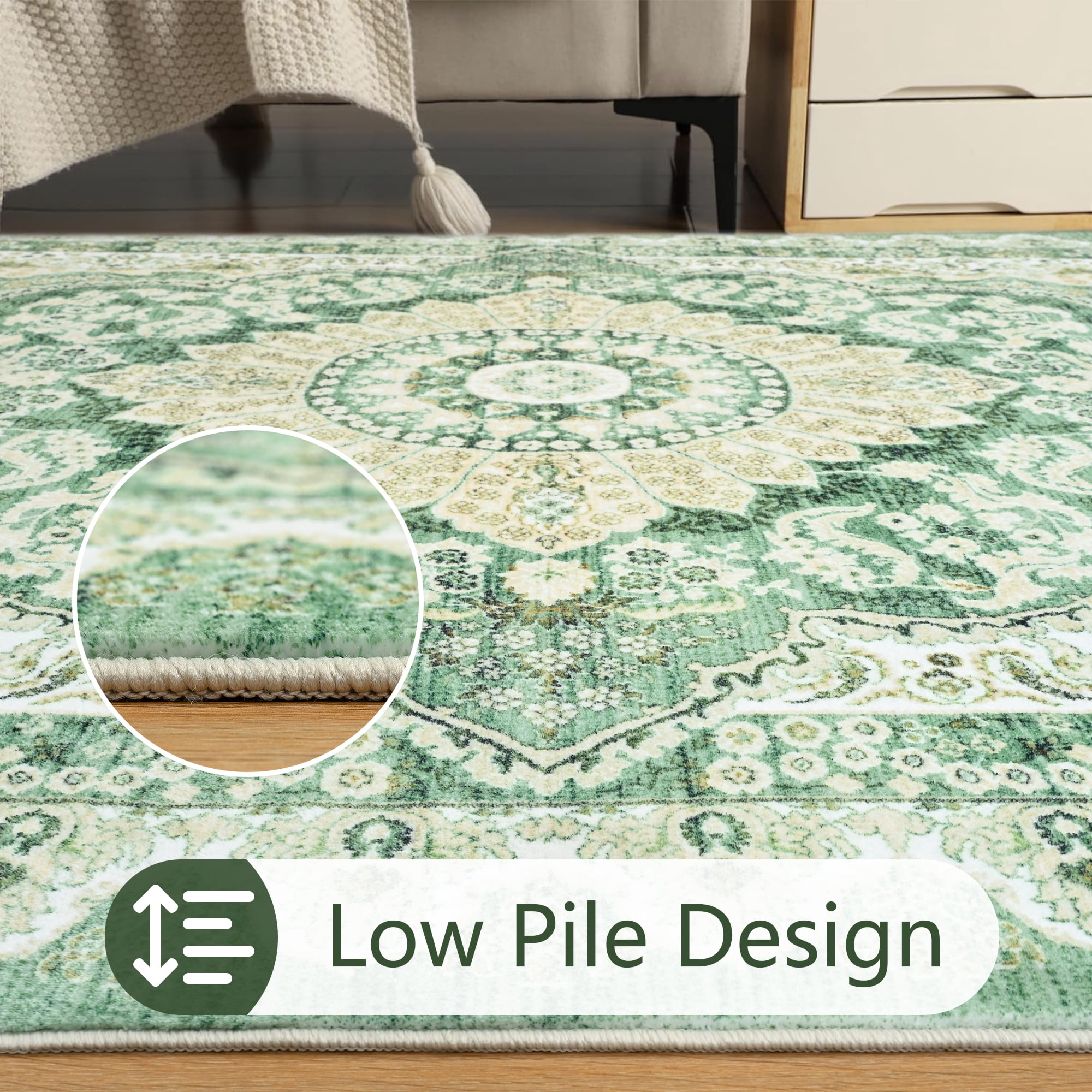 Ultrug Vintage Floral Print Rugs Soft Boho Carpet Retro Distressed Area Rug for Living Room Bedroom Home Decor,4'x6',Green