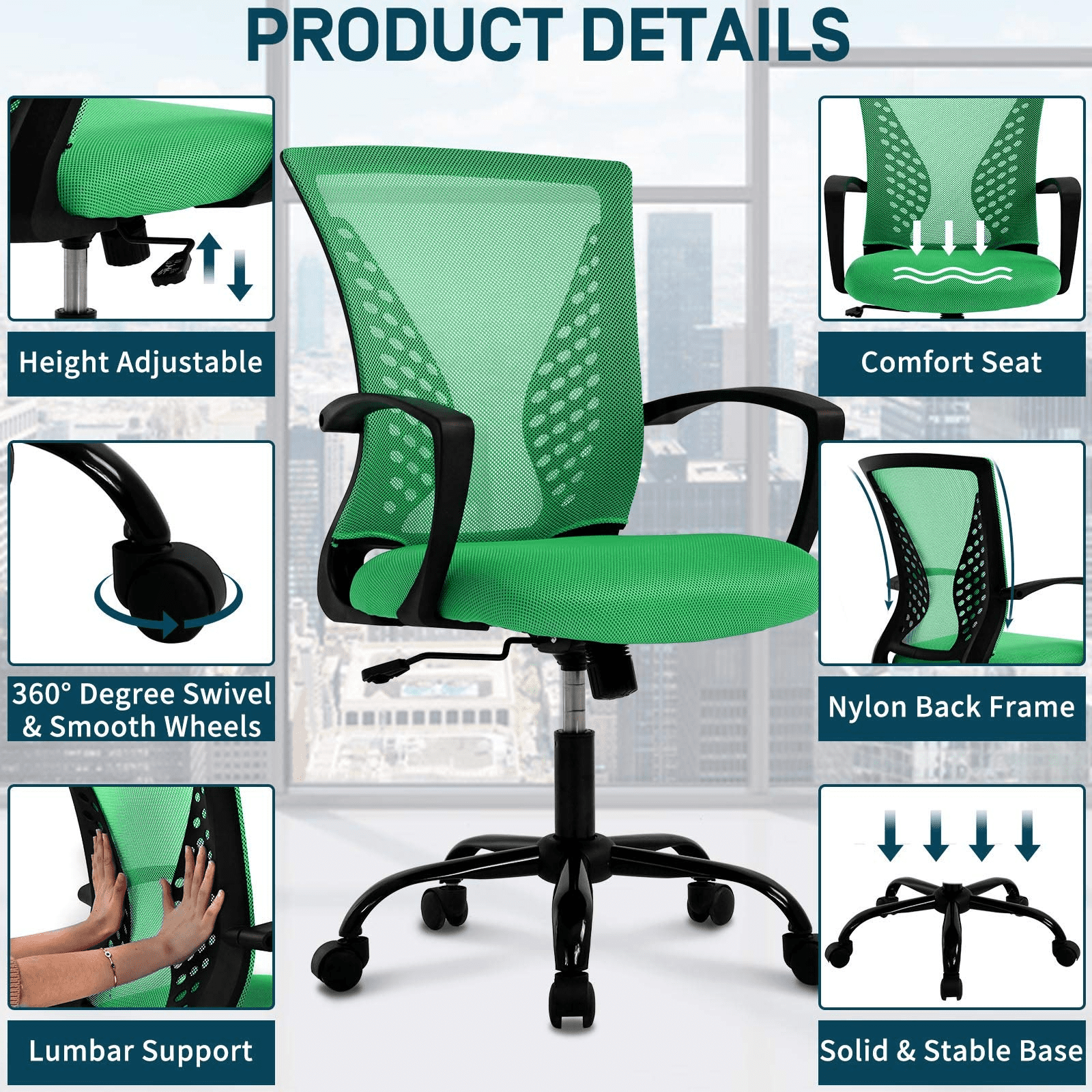 NiamVelo Ergonomic Office Chair Mid Back Mesh Desk Chair Adjustable Computer Chair with Lumbar Support & Armrest, Green