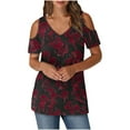 thumbnail image 1 of Tops de Algodón para las Mujeres Color Bloqueado Impreso Manga Corta Cuello en V Fuera Del Hombro, Top de Moda para Diario, 1 of 6