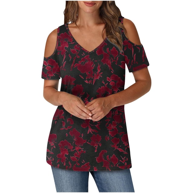 Tops de Algodón para las Mujeres Color Bloqueado Impreso Manga Corta Cuello en V Fuera Del Hombro, Top de Moda para Diario