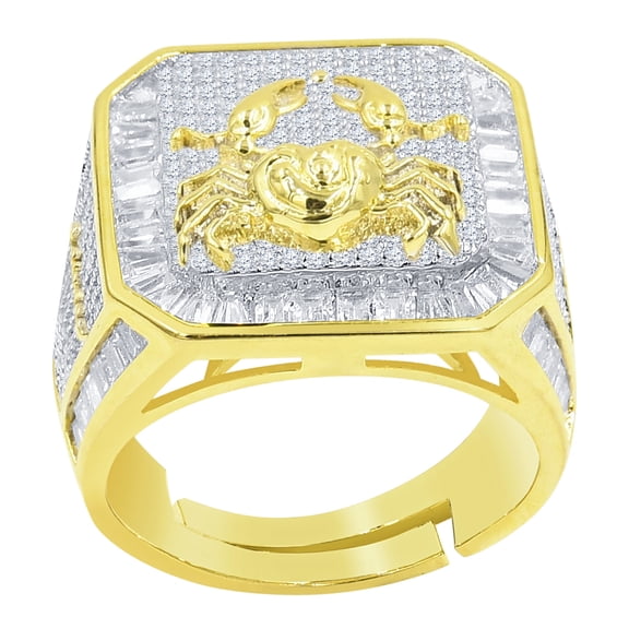 Mens 14K Gold Finish Cancer Crab Zodiac Sign Astrology Horoscope Band Baguette & Round Cut Simulated Diamond Ring