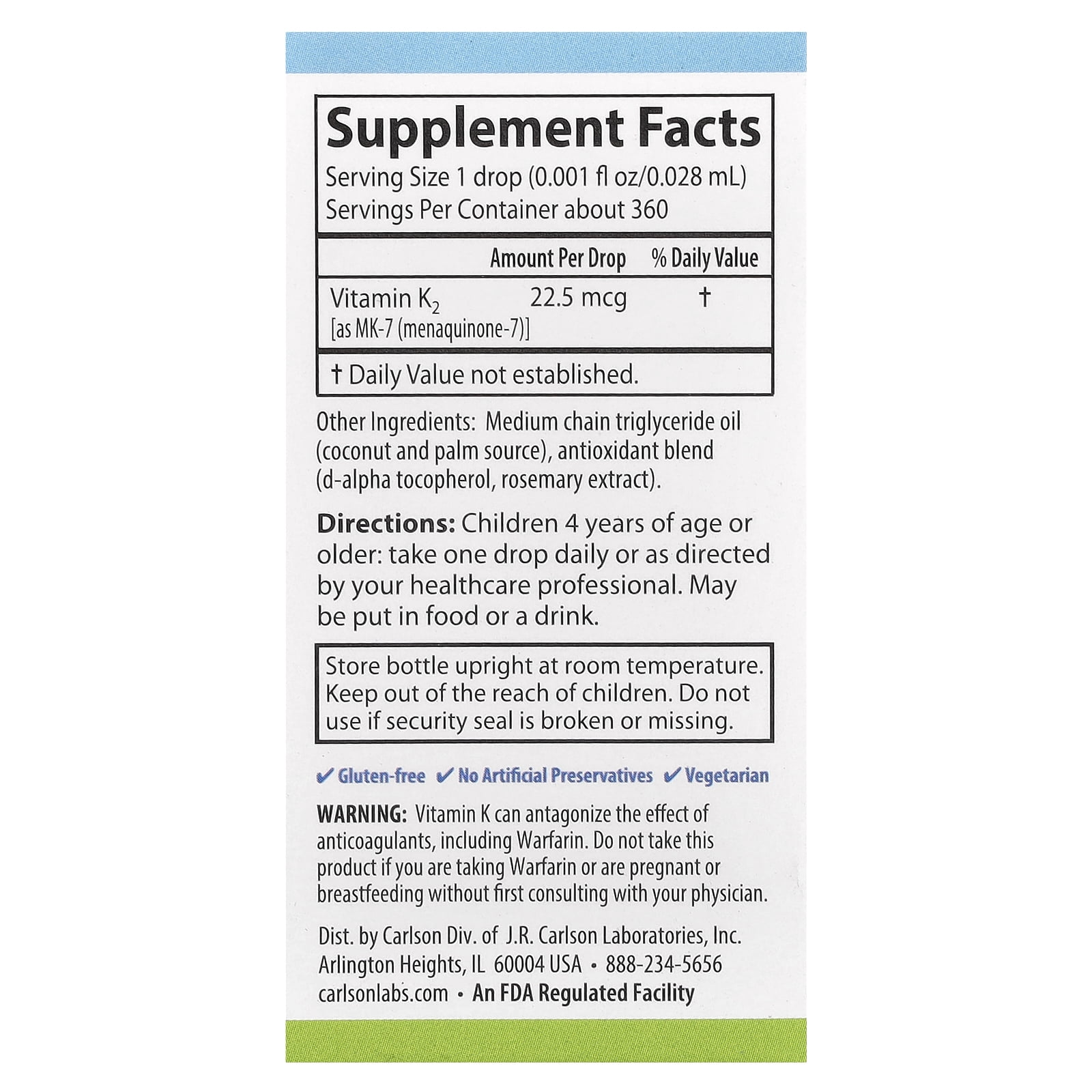 Carlson - Kid's Super Daily K2, 22.5 mcg, Liquid Vitamin K2 as MK7, Vegetarian, Unflavored, 360 Drops